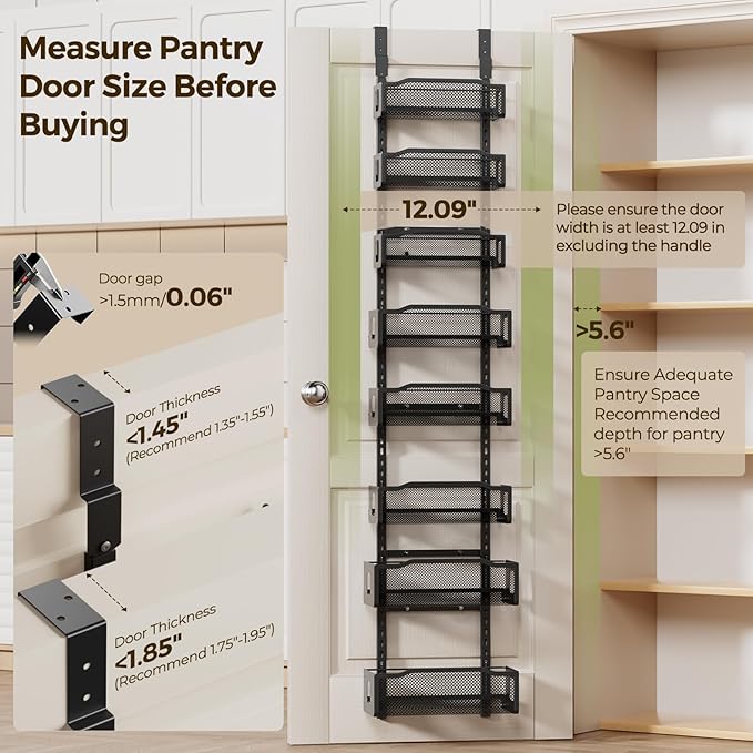Delamu 8 Tier Over the Door Pantry Organizer, 2in1 Hanging or Wall Mount Spice Rack Seasoning, Adjustable Heavy-Duty Narrow Pantry Door Organizer and Storage for Kitchen Cabinet and Bathroom,12" Black