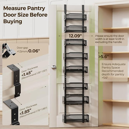 Delamu 8 Tier Over the Door Pantry Organizer, 2in1 Hanging or Wall Mount Spice Rack Seasoning, Adjustable Heavy-Duty Narrow Pantry Door Organizer and Storage for Kitchen Cabinet and Bathroom,12" Black