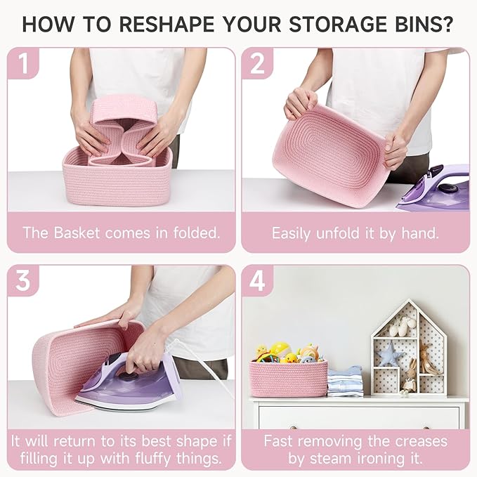 3-Pack Storage Baskets for Organizing | Woven Shelf Toy Basket | Rope Baskets for Gifts Empty | Closet Organizer Bins with Handles | Cube Decorative Box | 13.7×7.1×6.7” | Mixed Pink