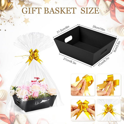 AFOROEOA 10PACK Baskets For Gifts Empty, 10 x 8” Thick Black Gift Basket with 10 Clear Gift Bags and 10 Pull Bows, Empty Gift Baskets for Christmas, Thanksgiving Wedding Birthday Party Wrapping Gift