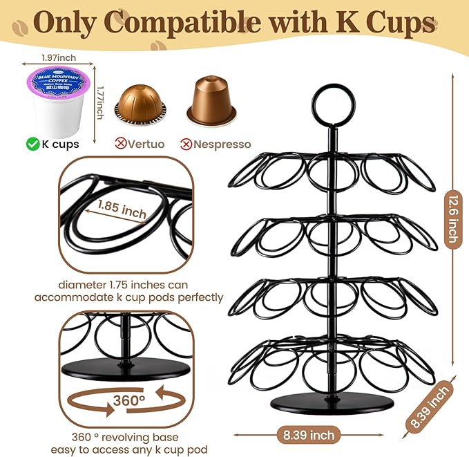 Coffee Pod Holder, K Cup Holders,Coffee Pod Storage Carousel Holder Organizer Compatible with K Cups Pods ,Spins 360-Degrees Design ,40 Pods Capacity, Round, Black