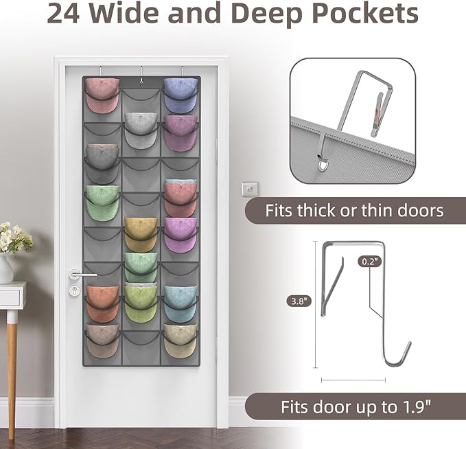 Grey Hat Organizer Racks for Baseball Caps, 24 Deeper Pockets Baseball Hat Rack, Cap Rack, Hat Rack for Door with 3 Hooks