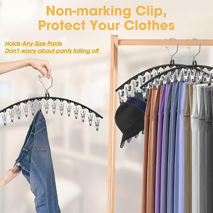 Upgrade Skirt Pants Hangers with Clips, Metal Legging Organizer for Closet with 15 Cilps Holds 60 Leggings/Shorts/Jeans/Skirts Pants Hangers Space Saving Closet Organizers and Storage, Black 4Pack