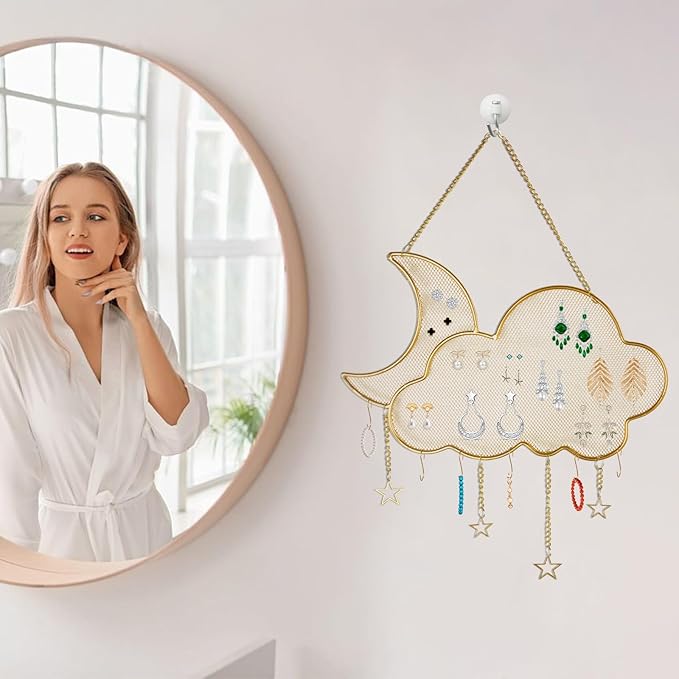 Earring Holder Organizer, Gold Wall Mounted Jewelry Display Stand with 6 Hooks, Metal Hanging Jewelry Rack for Necklace Bracelet Small Grid (Moon Cloud Shape)