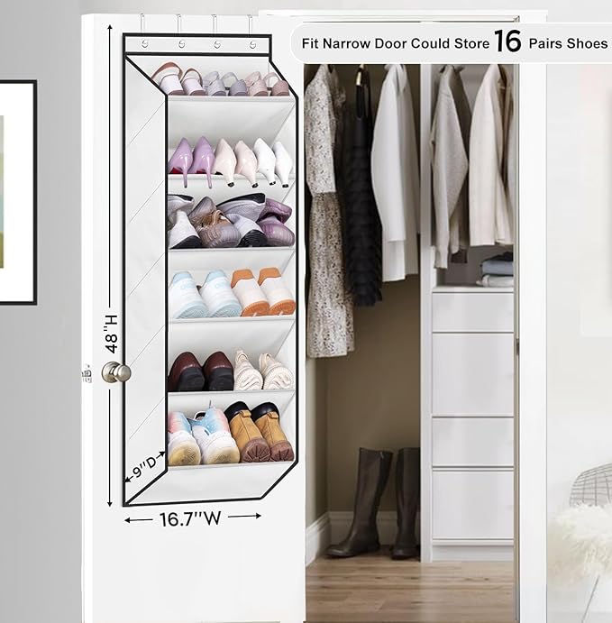 SLEEPING LAMB Shoe Rack for Door, Kids Door Shoe Organizer for Closet hanger, Narrow Hanging Sneaker Storage with Large Deep Pockets for Toddler, Girl, Baby Room Decor, White
