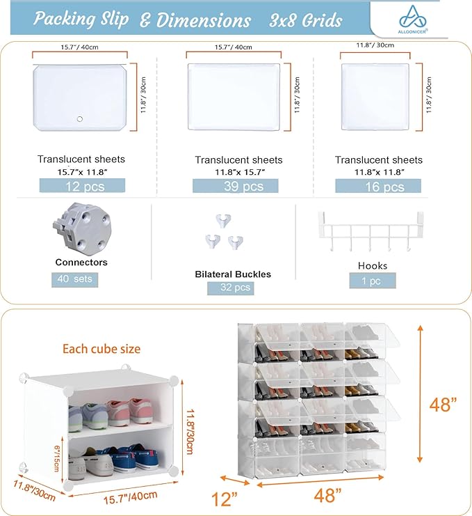 Patented Shoe Racks Organizers Shelves, Floor-Standing, Wall Hanging, Sturdy and extendable. Easy DIY Assembly, for Door Entrance, Closet, and Workplace (3x8Grid, White)