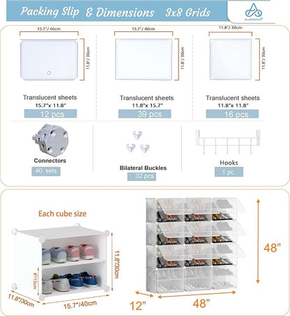 Patented Shoe Racks Organizers Shelves, Floor-Standing, Wall Hanging, Sturdy and extendable. Easy DIY Assembly, for Door Entrance, Closet, and Workplace (3x8Grid, White)