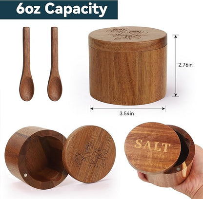 Timtopno Salt Cellar, 2PCS Salt Container Acacia Wood Salt and Pepper Box for Countertop with Built-in Spoon & Swivel Lid, Wood Salt Holder Bowl for Kitchen, Seasoning Storage (Rose & SALT Engraving)