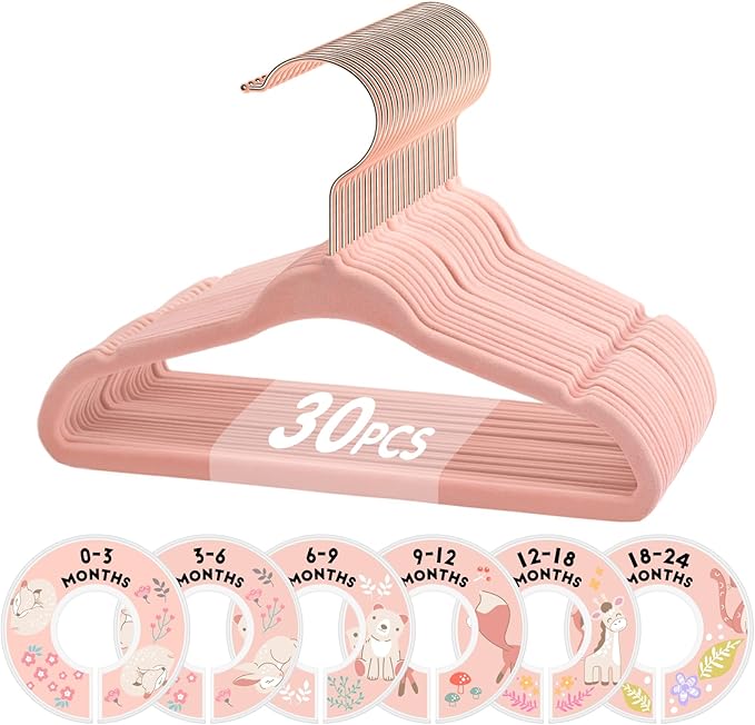 VIS'V Baby Hangers, 11 Inch Velvet Kids Hangers with 6 Pcs Clothes Size Dividers, Infant Toddler Nursery Closet Organization, Non Slip, Pink, 30 Pcs
