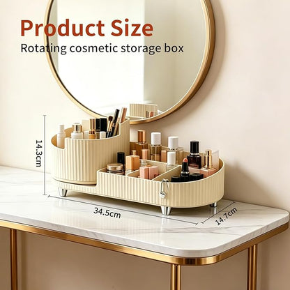 Makeup Organizer with 360° Rotating Brush Holder Cosmetic Storage for Cosmetics, Skincare, Perfume, Bathroom Vanity Desktop Organizer, Lotions Display Case (Cream)