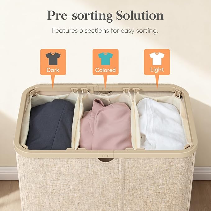 Lifewit 185L Large 3 Section Laundry Hamper with Lid, Plastic Laundry Basket with Bamboo Handles and Removable Bags, Tall Foldable Clothes Hamper for Bathroom Bedroom, Beige