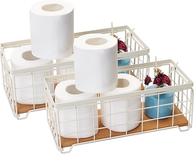 Metal Wire Storage Basket, Toilet Paper Roll Holder Wood Base Countertop Decor Box Toilet Tank Shelf Cabinet Organizer for Bathroom Pantry Garage Bedroom Livingroom (Cream White (2 Pack))