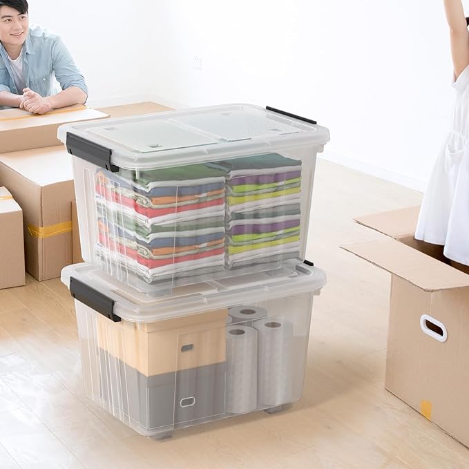 50 Quarts Plastic Storage Boxes, Large Clear Bins with Lids and Wheels Set of 4