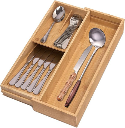guiogc Bamboo Kitchen Drawer Organizer, Silverware Organizer Expandable Utensil Holder with Removable Knife Block, Cutlery Tray with Drawer Dividers for Kitchen Utensils and Flatware