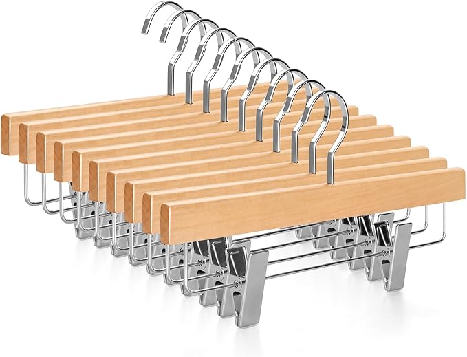 TOPIA HANGER Pants Hangers, Luxury Natural Wooden Skirts Hangers with 2 Big Premium Metal Clips and 360° Swivel Anti-Rust Flat Hook, 20 Pack Boutique Hanger for Skirts, Trousers, Jeans, Slacks, CT03N