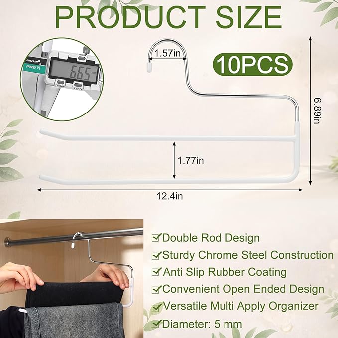 Unittype 10 Pcs Pants Hangers Double Rod Saving Space Jean Hangers Non-Slip Open-Ended Chrome Steel Clothing Rack for Apartment Closet Storage Organizer Leggings Trousers Scarves Slacks (White)