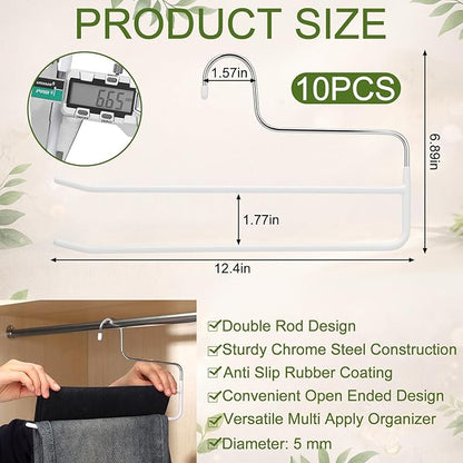 Unittype 10 Pcs Pants Hangers Double Rod Saving Space Jean Hangers Non-Slip Open-Ended Chrome Steel Clothing Rack for Apartment Closet Storage Organizer Leggings Trousers Scarves Slacks (White)
