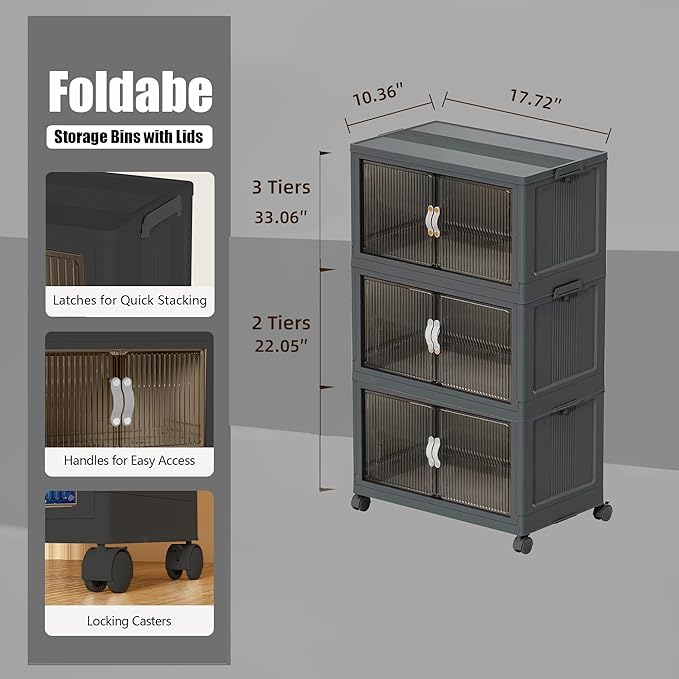51QT Stackable Storage Bins with Lids & Wheels - Foldable Cabinet Clear Door Plastic Organizer Containers for Home, Garage, Pantry Organization - Collapsible Design Gray 3T
