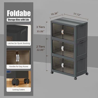 51QT Stackable Storage Bins with Lids & Wheels - Foldable Cabinet Clear Door Plastic Organizer Containers for Home, Garage, Pantry Organization - Collapsible Design Gray 3T