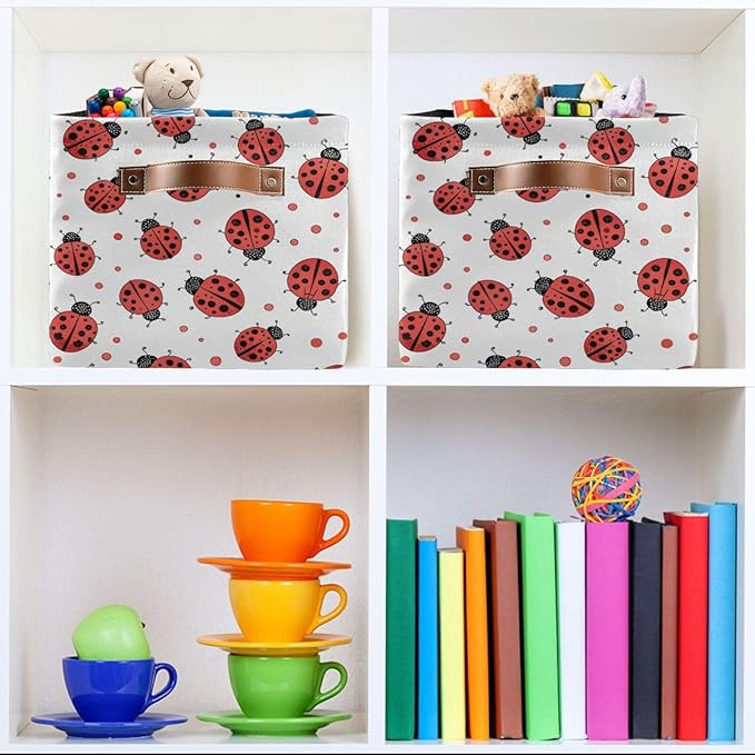 Ladybug Storage Basket Bin, Large Cube Storage Box Canvas Collapsible Storage Organizer for Home Office Closet - 15 L x 11 W x 9.5 H