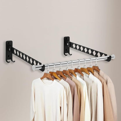 Kifmurase 2Pcs Wall Mount Coat Hanger, Black Clothes Drying Organizer Rack, Retractable Folding Indoor Wall Mounted Holder, Closet Storage Organizer for Laundry Room Bedroom with 40cm Rod