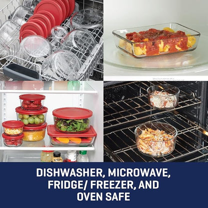 Anchor Hocking 18 Piece Glass Storage Containers with Lids (9 Glass Food Storage Containers & 9 Red SnugFit Lids)