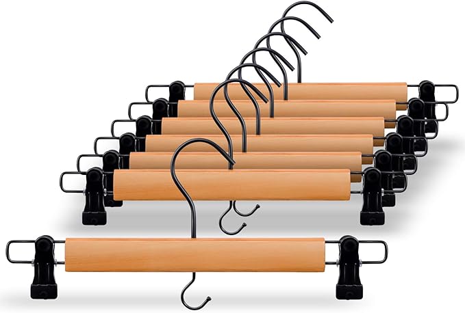 Premium Wooden Pants Hangers 10 Pack, Skirt Hangers with Two Sure Grip Clips, Noise Canceling Swivel Hook (Clear Natural)