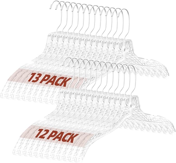 Clear Plastic Hangers 25 Pack, Durable Crystal Heavy Duty Clothes Hangers with Non-Slip Notches & 360° Swivel Hook, Space Saving, Ideal for Coats, Suits, Dresses, Shirts