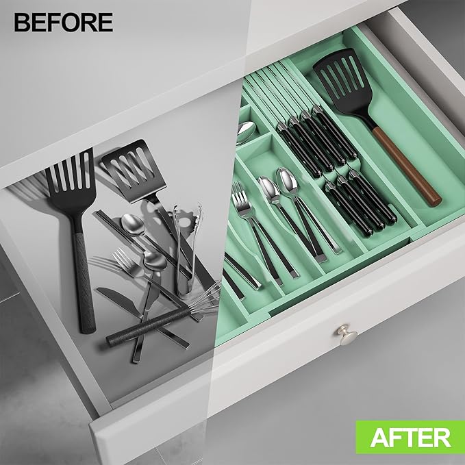 Bamboo Kitchen Drawer Organizer, Expandable Silverware Organizer with Removable Knife Block, 6-8 Slots- Utensil Holder & Cutlery Tray Drawer Dividers, 2.36" Deep for Extra Capacity, Cyan