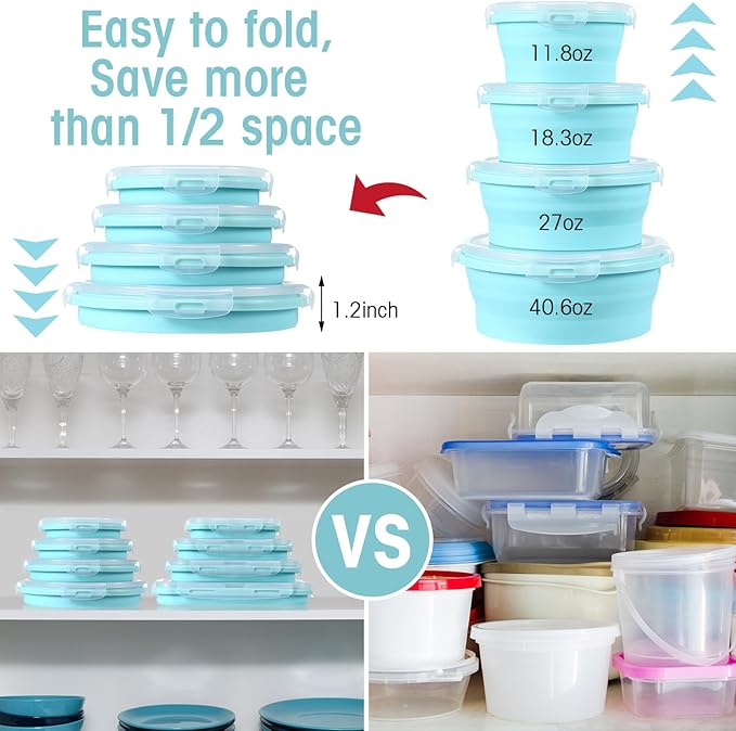 Yaomiao 16 Pack Collapsible Food Storage Containers with Lid Foldable 8 Pcs Rectangle Storage Bowl and 8 Pcs Round Silicone Food Bow for Lunch Camping Rv Accessories Microwave Freezer(Blue)
