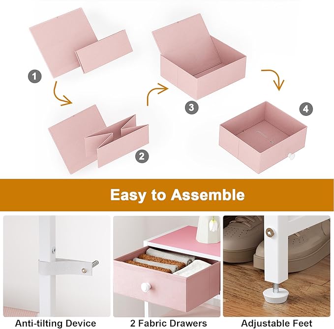 Shoe Rack, 5 Tier Shoe Organizer with 2 Drawers, Metal Shoe Storage for 16-20 Pairs of Shoes with Fabric Shelves and Wooden Top, Narrow Shoe Shelf for Closet Entryway Pink