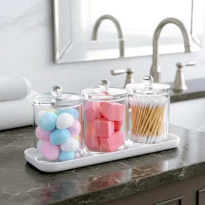 Amazing Abby - Catalina - Clear Acrylic Bathroom Canister with White Tray (4-Piece Set), Plastic Apothecary Jars with Lids, Bathroom Organizers for Q-tips, Cotton Balls, Floss Picks, Sponges, and More