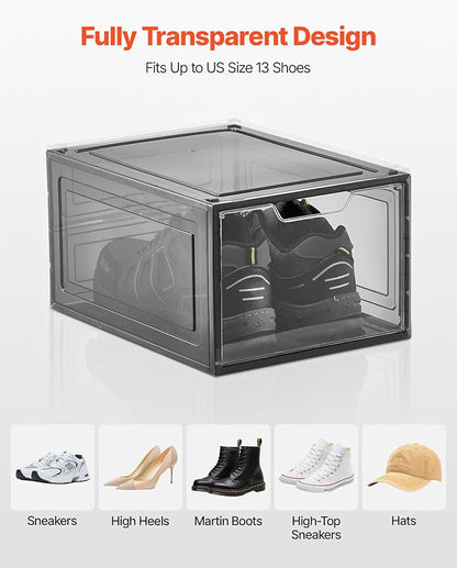 VEVOR Shoe Storage Boxes, 6 Pack Clear Stackable Shoe Boxes Storage Organizers with Magnetic Door, Fit up to US Size 13, Plastic Sneaker Containers for High Heels, Boots, and Hats, Transparent Black