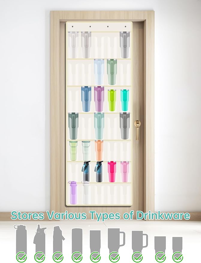 NiHome 35 Pockets Door Hanging Organizer Fit for Stanley 30oz 40oz Tumblers with Handles, Deep Clear Pockets with Handle Slots, Waterproof Oxford Fabric for Kitchen, Cabinet, Pantry, Closet (Beige)