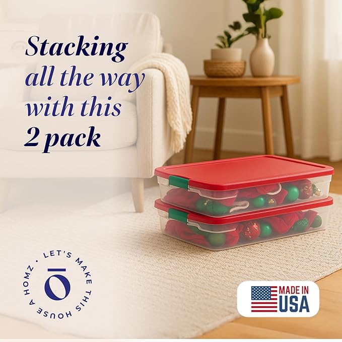 HOMZ 60-Quart Holiday Plastic Underbed Storage Bins with Red Latching Lids, Secure Clear Rolling Storage for Home Organization, 2 Pack, Green Latches