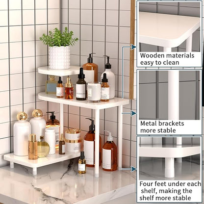 REFGY 3-Tier Corner Bathroom Counter Organizer, Adjustable Multi-Layer Vanity Storage Shelf with Natural Wood-Texture, Versatile Makeup & Perfume Holder for Kitchen, Bedroom & Home Office, White