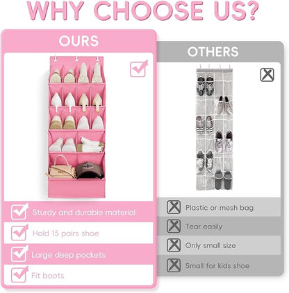 FENTEC 1 Pack Over-the-Door-Shoe-Organizers, Hanging Shoe Organizers with Large Pocket Shoe Holder Hanging Shoe Rack for Closet Shoes Organizer for Wall, Over Door Organizer with 15 Pockets Pink