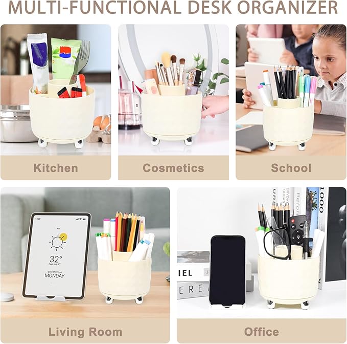SAYEEC Pen Holder for Desk 6 Slots Rotating Makeup Brush Organizer Toothbrush Hair Brush Holder Versatile Desk Skin Care Cosmetic Organizer Pencil Cup Pot Art Supply Caddy for Vanity Office (Cream)