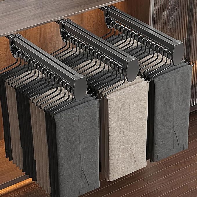 Pull Out Valet Rod for Pants Hangers, Top Mounted Adjustable Sliding Closet Rail, Made of Aluminum Alloy, Smooth Pull-Out, Heavy Duty Trouser Rack Bar for Skirts, Shirts