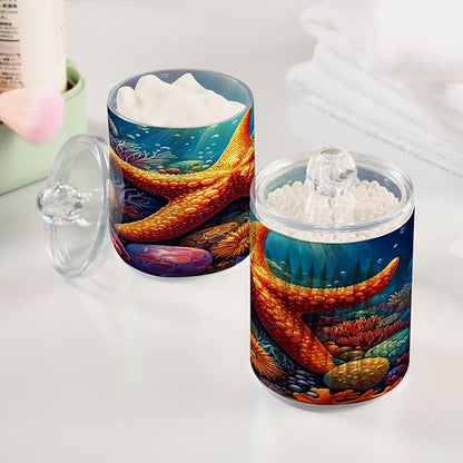 ALAZA 2pcs Orange Starfish Seashell Ocean Qtip Holder Dispenser 14 oz Bathroom Storage Clear Apothecary Jars Containers Cotton Ball,Cotton Rounds,Floss Picks, Hair Clips, Food
