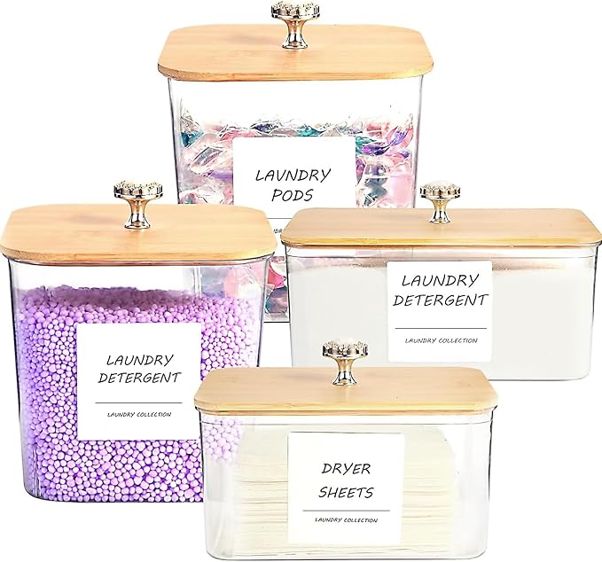 4 Pack Laundry Room Organization Storage Containers, Plastic Clear Laundry Pods Container & Dryer Sheet Holder Jars with Lids, Scoops & Labels for Detergent, Powder, Dryer Balls, Beads