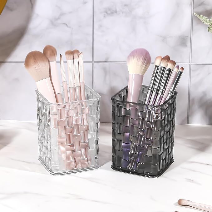 DASITON Makeup Brush Holder Organizer, Acrylic Makeup Brushes Storage Cup, Woven Texture Make Up Brush Holder for Vanity Bathroom Office, Pen Holder for Desk, Cosmetic Display Cases (Grey S)