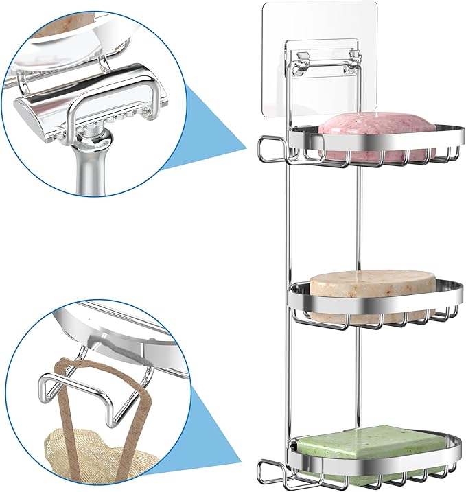 MASADI 3 Tier Soap Dish Holder, Soap Bar Holder with Hooks, Shampoo Bar Caddy for Shower Wall, Razor Holder for Shower, Bar Soap Container 304 Stainless Steel, Bathroom(Silver)