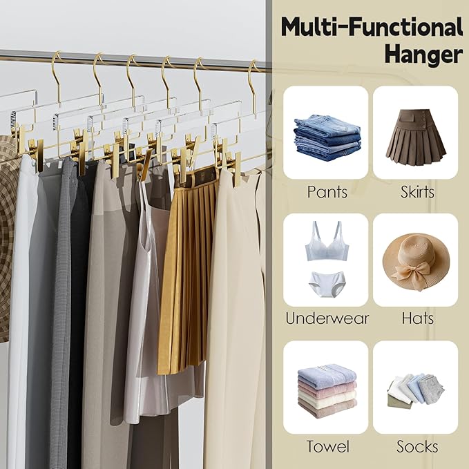 Acrylic Gold Pants Hangers with Adjustable Clips 30 Pack, Non-Slip Skirt Hanger for Women, Heavy Duty Space-Saving Clothes Organizer for Trousers, Coats, Jeans, Adults & Kids