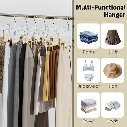 Acrylic Gold Pants Hangers with Adjustable Clips 30 Pack, Non-Slip Skirt Hanger for Women, Heavy Duty Space-Saving Clothes Organizer for Trousers, Coats, Jeans, Adults & Kids