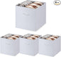 WUIKE 13-Inch White Storage Cube Bins, Leather Front Cubby Organizer Baskets with Handles, Collapsible Storage Bins for Shelves and Closet, 4-Pack