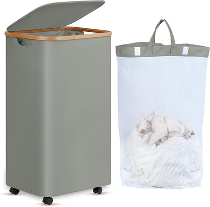 efluky Laundry Basket with Wheels, Tall Rolling Laundry Hamper with Lid and Removable Bag, Aesthetic Dirty Clothes Hamper on Wheels for Laundry Room, Bedroom, Dorm and Bathroom, 100L Grey