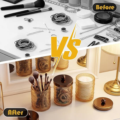 Flrolove 4 Pack Amber Glass Qtip Holder Dispenser, Bathroom Canister Storage Organizer for Cotton Swabs, Balls, Pads, Floss Picks with Metal Lid - Vanity Makeup Organizer and Bathroom Essentials