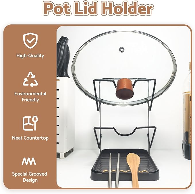 Kitchen Pot Lid Storage Rack, Double-Layer Pot Lid Organizer with Removable Drip Tray,Pot Lid Holder While Cooking,Lid And Spoon Rest, Multifunctional Kitchen Organizer Stand for Stove Top