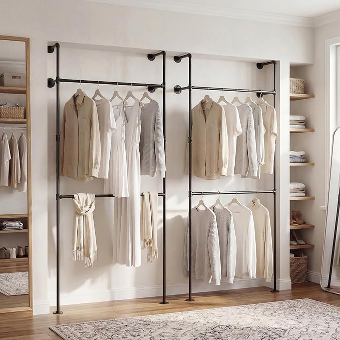 Giantex Industrial Pipe Clothing Rack, 42" Wall Mounted Heavy-Duty Metal Garment Organizer with 2 Hanging Rods, 2-Tier Walk-in Closet System for Wardrobe Closet, Retail Display